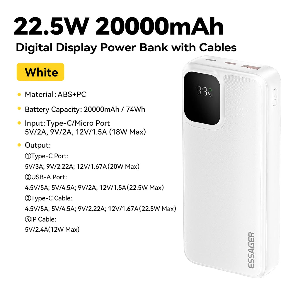 Power Bank Essager 20000mAh con Cables Integrados