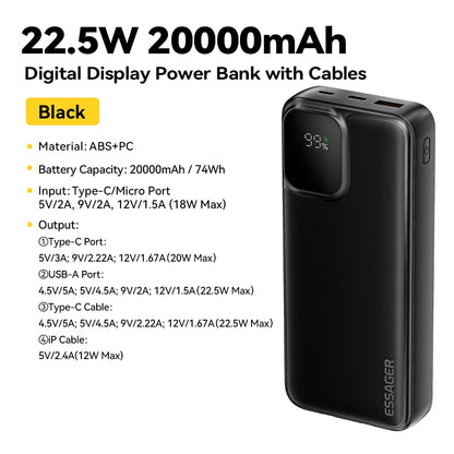 Power Bank Essager 20000mAh con Cables Integrados